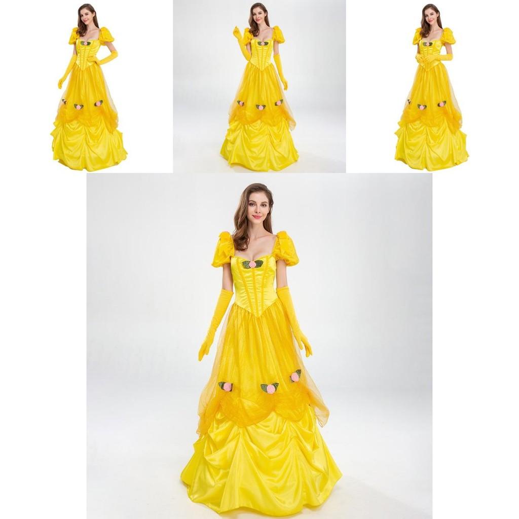 Elegant Yellow Princess Dress For Halloween Costume Featuring Belle Fairy Tale Design