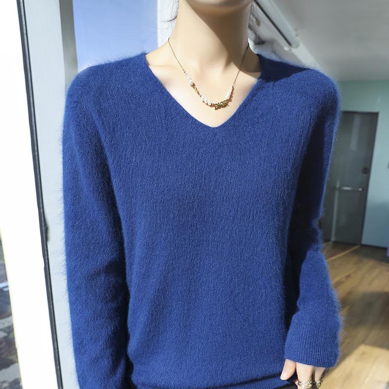 New Seamless Mink Velvet V-Neck Cashmere Sweater for Women - Loose Fit, Solid Color, Short Pullover Knitwear for Autumn and Winter