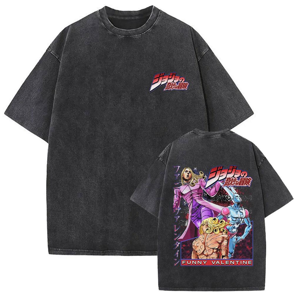 Anime JoJo's Bizarre Adventure Jolyne Washed Vintage T-shirt Summer Men Women Manga Casual Cotton Crewneck Short Sleeve T Shirt