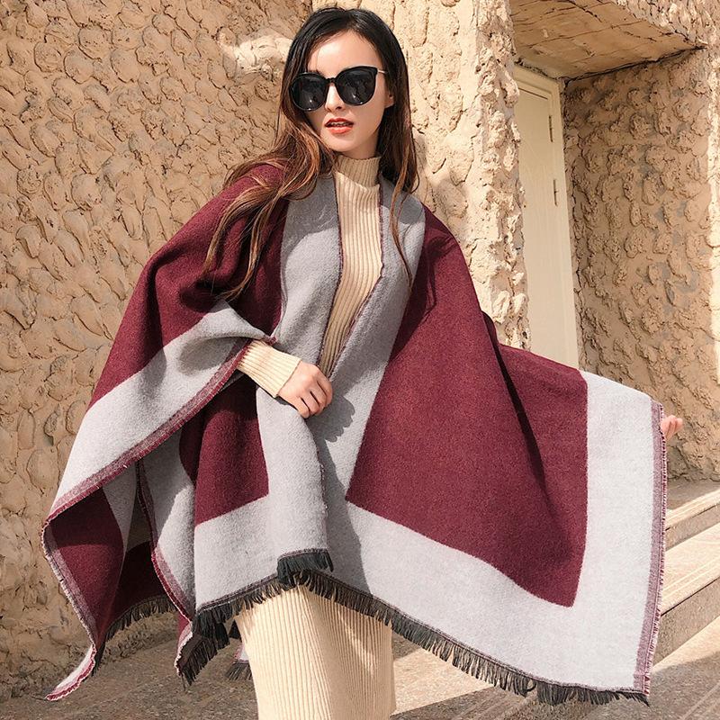 Neuer gestrickter Herbst Winter Imitation Kaschmir Schal Poncho für Damen Warmer Poncho für Damen Pashmina Langer Wickelschal Schals Umhang
