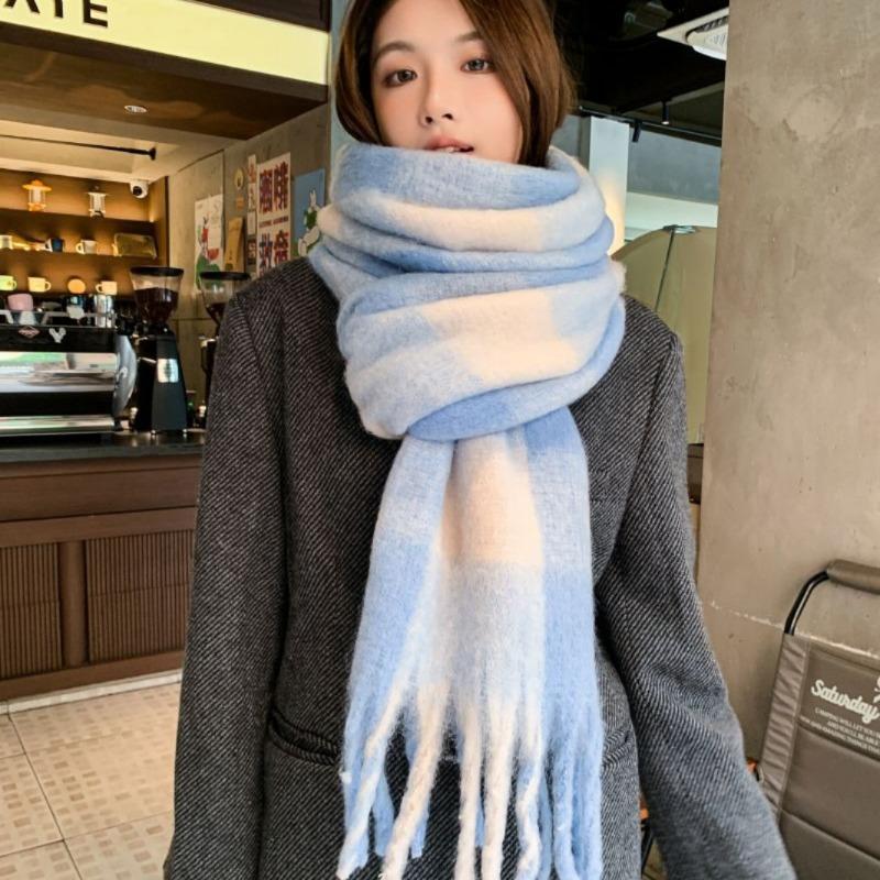 

Клетчатый милый теплый зимний мягкий с кисточками однотонный шарф шарф сине-белая клетка мужчины и женщины 190*40+10CM