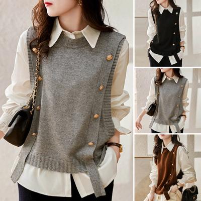 Gilet da donna, scollo tondo, tinta unita, lavorato a maglia, moda, morbido, senza maniche, canotta da donna in maglia per autunno inverno