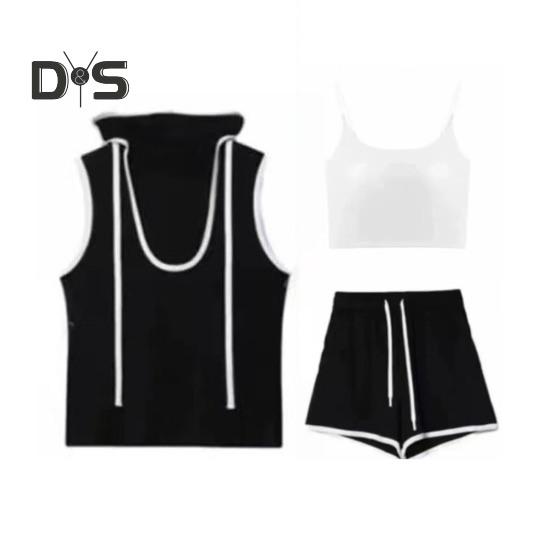 

3 шт./комплект женский укороченный топ жилет шорты комплект Ice Silk контрастного цвета с капюшоном без рукавов эластичный пояс шорты спортивный наряд XXL чёрный