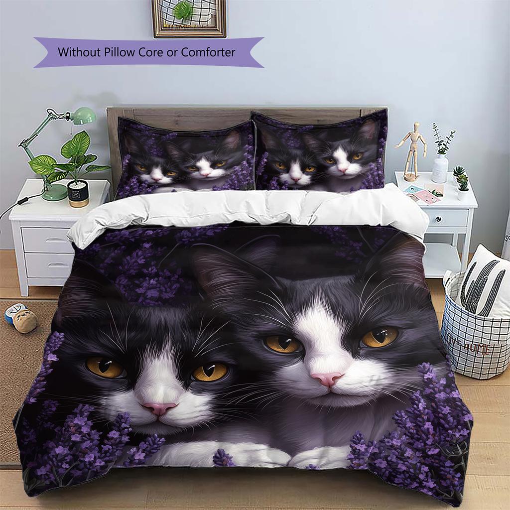 Beautiful Cow Cat Pattern Bedding Home Decoration Birthday Gift (1 * duvet cover + 2 * pillowcase, without core)