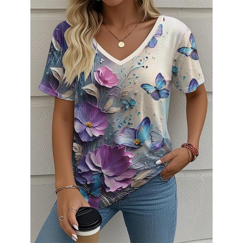 2025 Ethnic Women's T-Shirt Vintage Graphic Fashion Short Sleeved V-Neck Regular Tops Daily Print Tee Summer