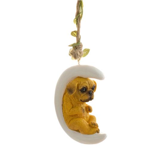

Resin Moon Dog Ornament Cute Dog on Crescent Hanging Decoration with Hemp Rope for Indoor Outdoor Backyard Patio Home Decor Pekingese