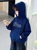Boys' Velvet Hooded Sweatshirt - Autumn/Winter 2025 Blue Pullover - Trendy, Loose-Fit Casual Top for New Year