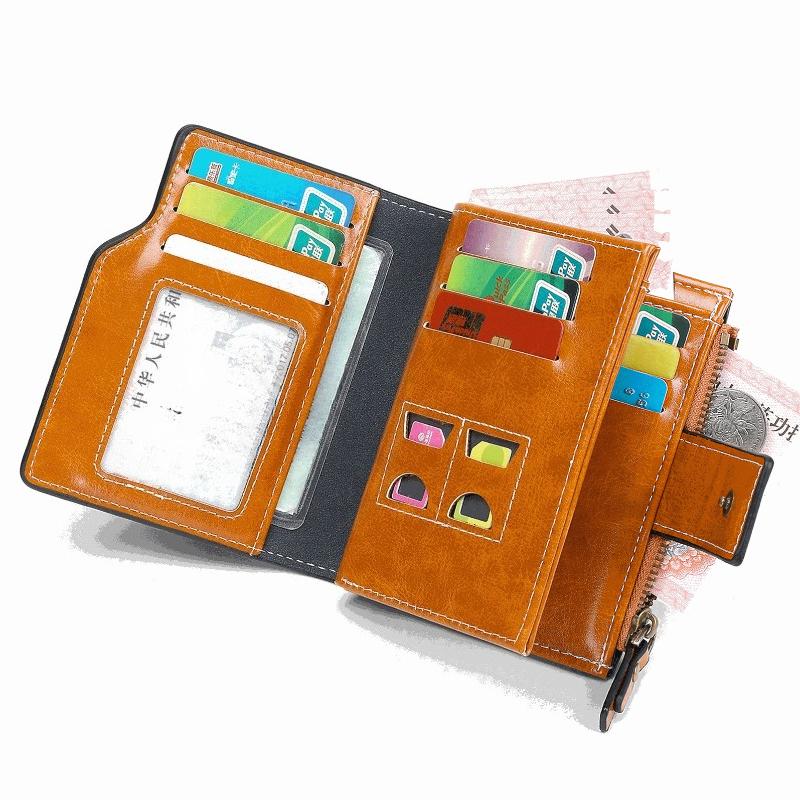 Women Short Wallet RFID Card Holder Retro Oil Wax Leather Wallet Large Capacity Tri-fold Multi Card Slots ID Window Zipper Coin Pocket Foldable Purse
