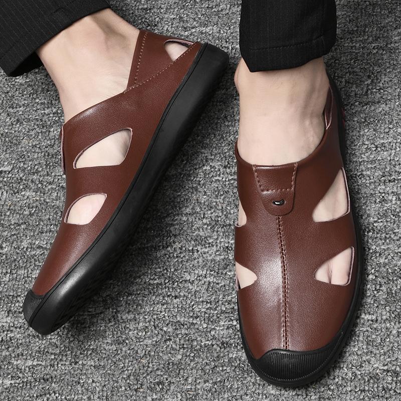 Brand Men's Fashion Cowhide Breathable Casual Headed Sandals Summer Outdoor Lightweight Hollow Soft Sole Casual Leather Shoes