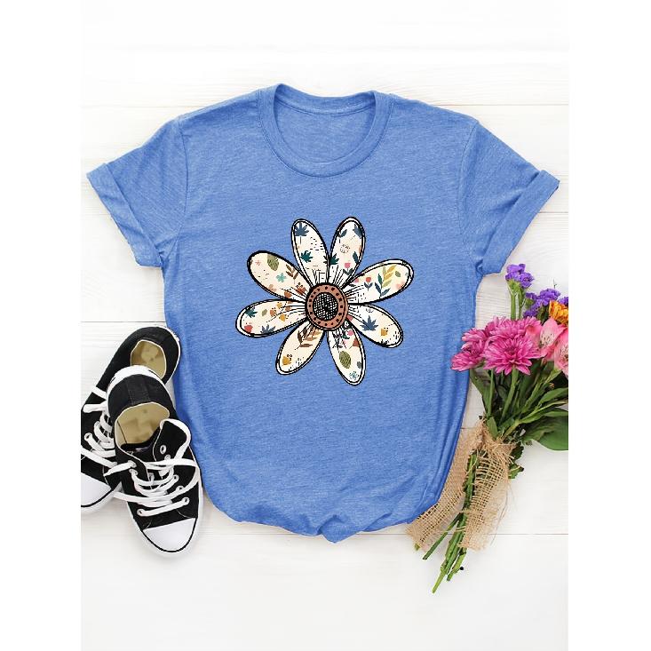 Women's European and American Summer Short-sleeve Top with Contrasting Color Floral Print, Fashionable Street Style, Versatile Casual Sports Shirt
