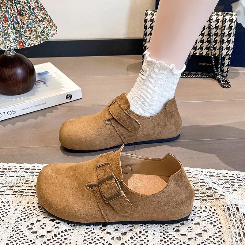 Fashion Single Shoes Women's Fashion Round Toe Suede Metal Buckle Soft Sole Non-slip Wear-resistant Flats