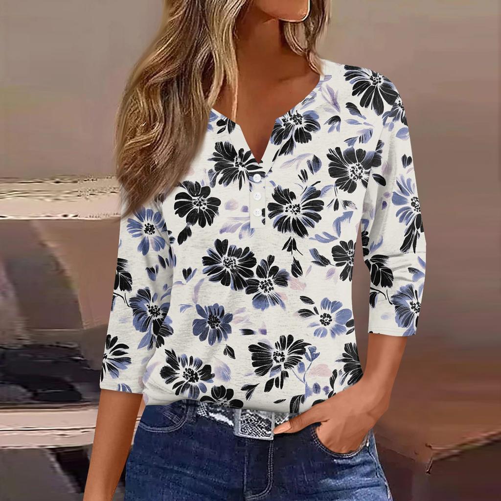 Damska koszulka z nadrukiem na guziki, rękaw 3/4, codzienna, weekendowa, modna, podstawowa, dekolt w serek, regularny top