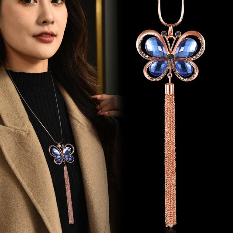 Autumn and Winter Crystal Butterfly Women's Long Accessories Fashionable and Versatile Tassel Pendant Necklace