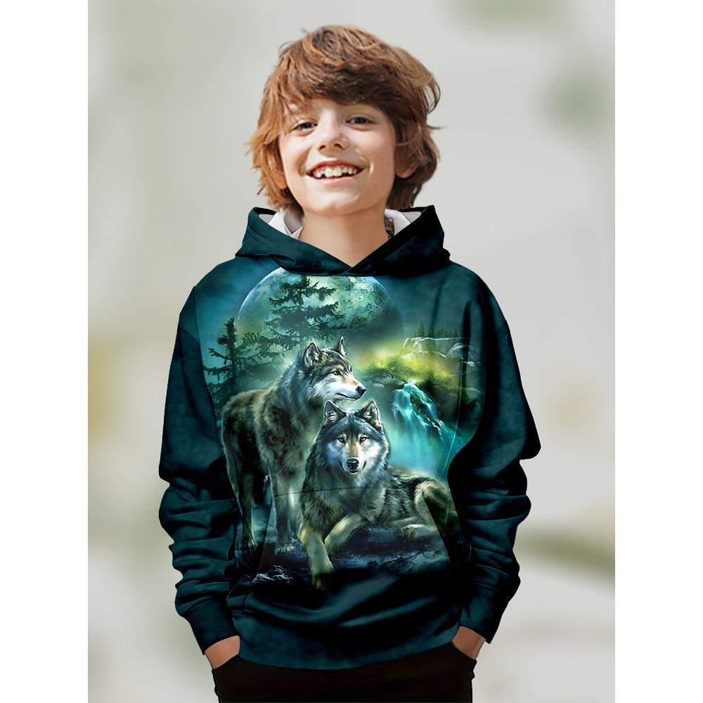 

New Arrival! Popular Kids Wear: Wild Wolf Print Hooded Sweatshirt, Halloween Party Costume, Trendy Autumn/Winter Top 100