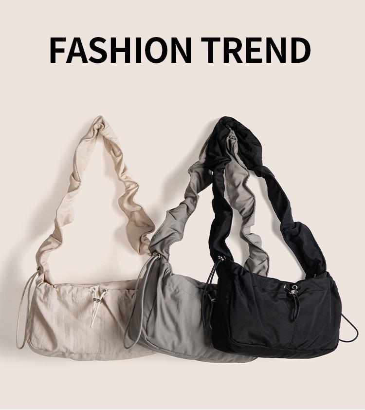 Korean Retro Pleated Lace Cloud Bag - Women's Nylon Drawstring Crossbody Tote