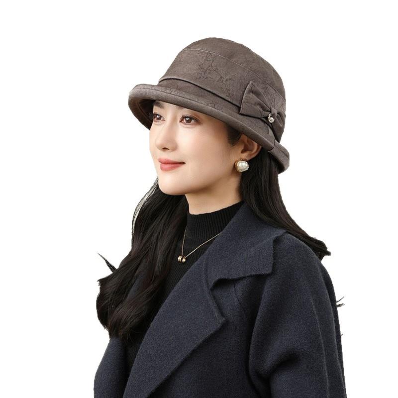 Imitation Fragrant Cloud Yarn Middle-Aged And Elderly Basin Hat Women Spring And Autumn Warm Cloth Hat Retro Bucket Hat Bow Sun Hat