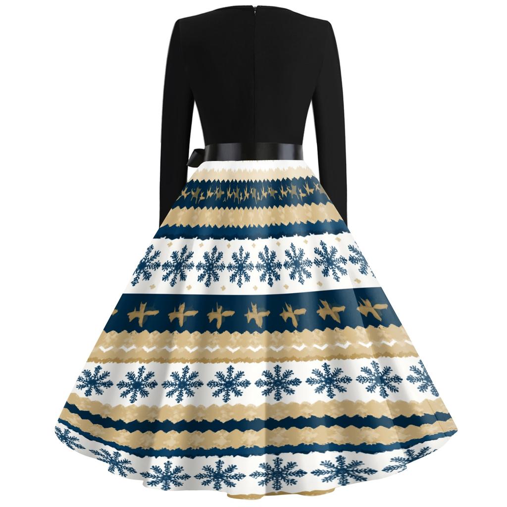 Women's Vintage Christmas Print V-Neck Long Sleeve Casual Dress