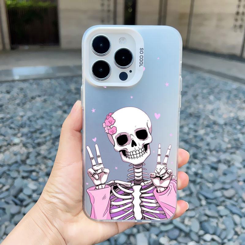Fashion Pink Skeleton Ghost Laser Phone Case for iPhone 16 12 13 Mini 11 Pro Max 14 15 Pro Max 16 15 14 Plus Shockproof Covers