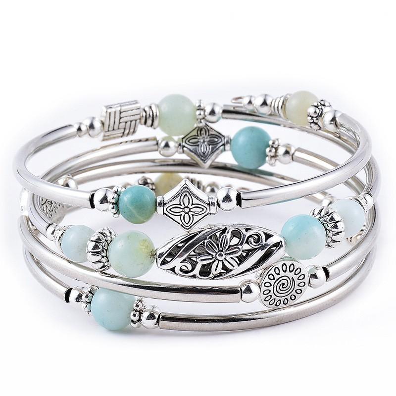 Handmade Layered Wrap Bracelet With Natural Turquoise Tigers Eye Beads Geometric Design Unisex Jewelry