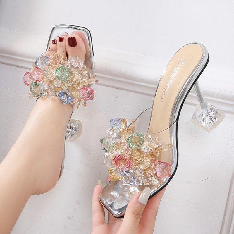 Shoes for Women Sexy Woman Slippers Heeled Sandals Clear Open Toe Slides Crystals Shoe H Sandal Easy Wears Low Price Stylish Vip