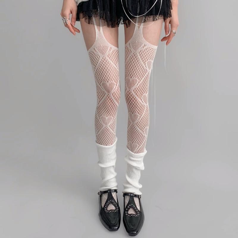 Women Sexy Hollow Out Fishnet Garter Belt Pantyhose Gothic Heart Patterned Sheer Thigh Highs Stockings Suspender Tights