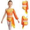 Children‘s Sparkle Gradient Rhinestone Dancewear One Shoulder Long Puff Sleeve Top with Applique Asymmetrical Draped Skirt for Recital Performance