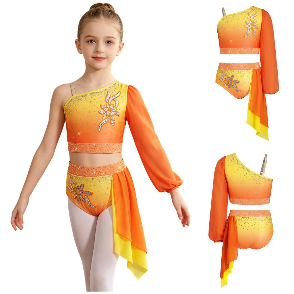 Children‘s Sparkle Gradient Rhinestone Dancewear One Shoulder Long Puff Sleeve Top with Applique Asymmetrical Draped Skirt for Recital Performance