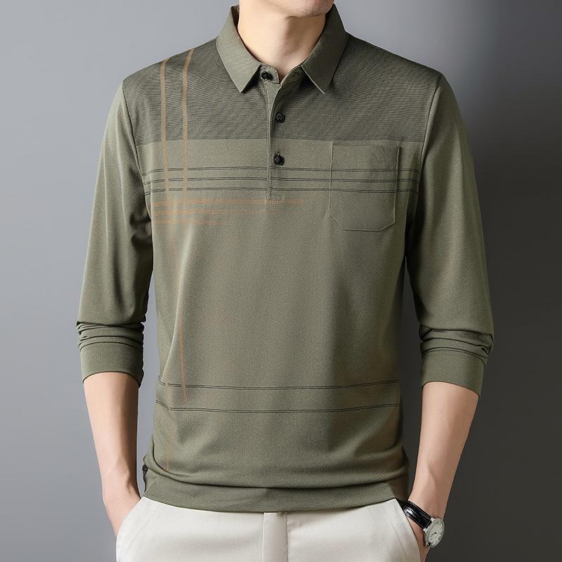 Autumn Men's Long-sleeved Thin Tops Bottoming Shirts for Young and Middle-aged Men with Lapels and Real Pockets Casual Dad T-shirts for Men