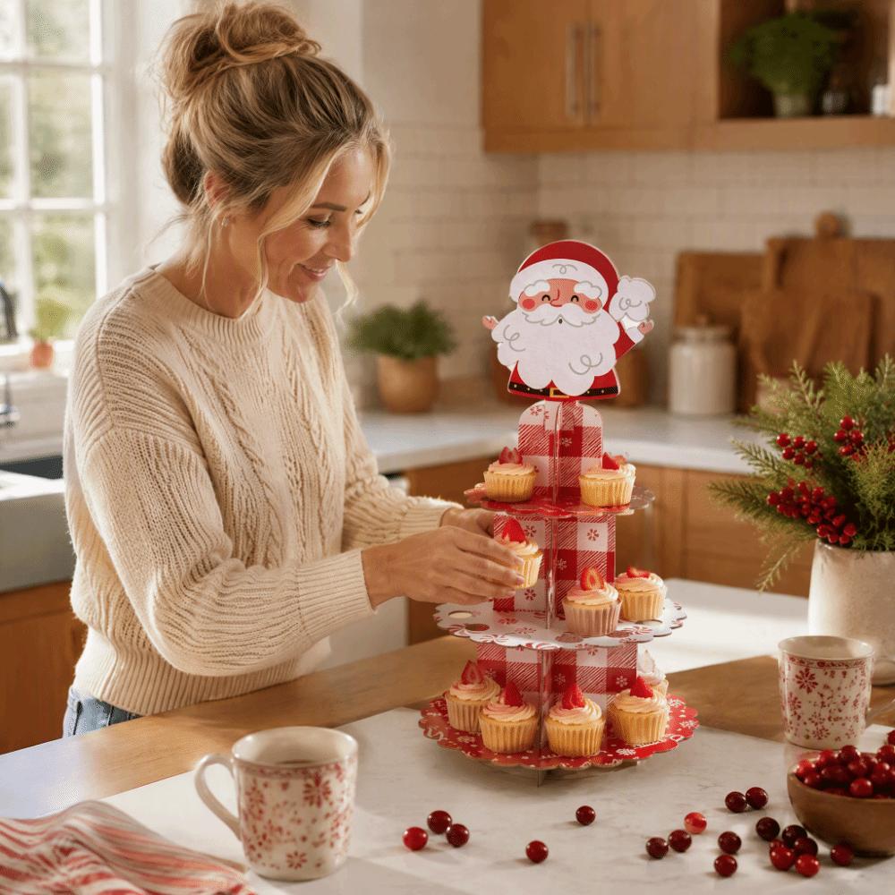 Round Santa Claus Cupcake Stand 3 Tier Cake Display Rack Christmas Party Supplies
