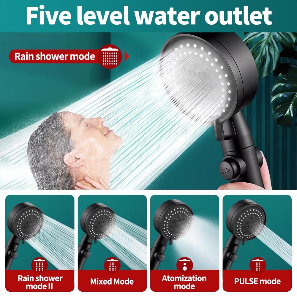 Cap de duș cu 5 moduri de înaltă presiune, reglabil, sub presiune, economisirea apei cu o singură tastă, masaj cu apă, duș ecologic, accesoriu pentru baie