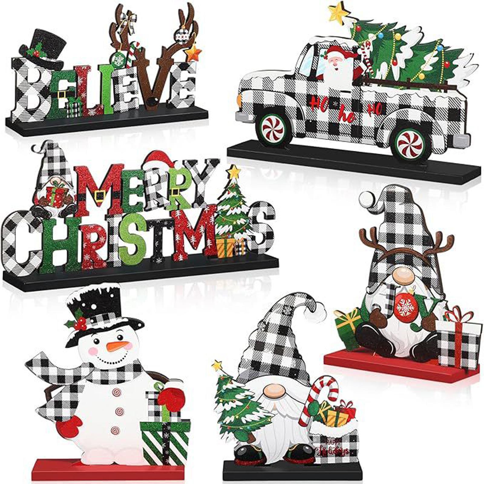 

6 Pcs Christmas Table Decorations Wooden Christmas Table Centerpieces Xmas Snowman Claus Gnome Signs Merry Xmas Toppers For Holiday Party Suppli One Size чёрный