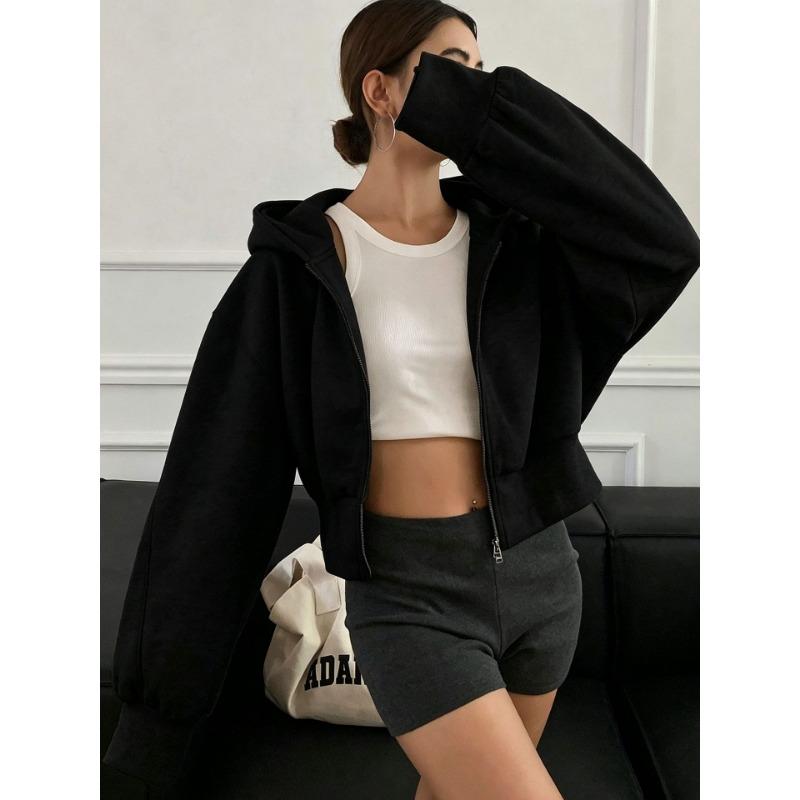 Women Short Zip Up Hooded Cardigan Batwing Sleeve Loose Streetwear Solid Color