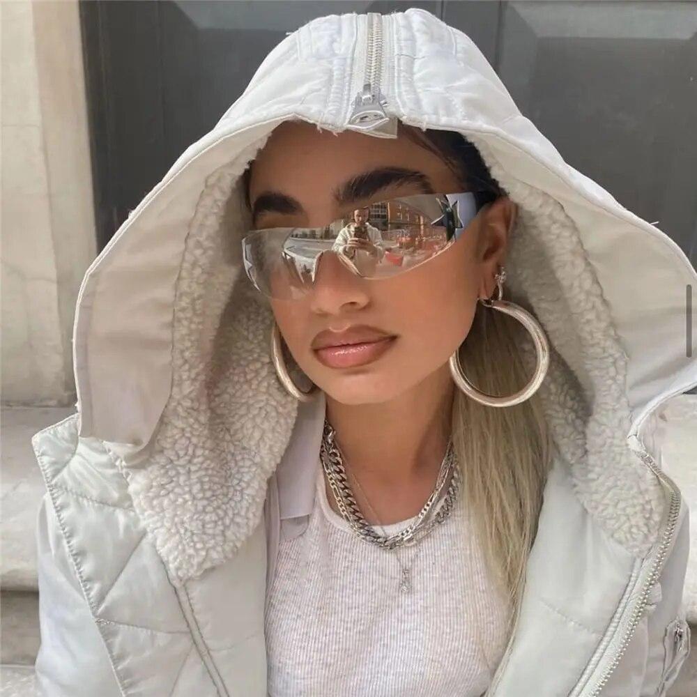 Lunettes de soleil sans monture Y2K pour femmes et hommes, tendance des années 2000, enveloppantes, Punk, une pièce, surdimensionnées, à la mode