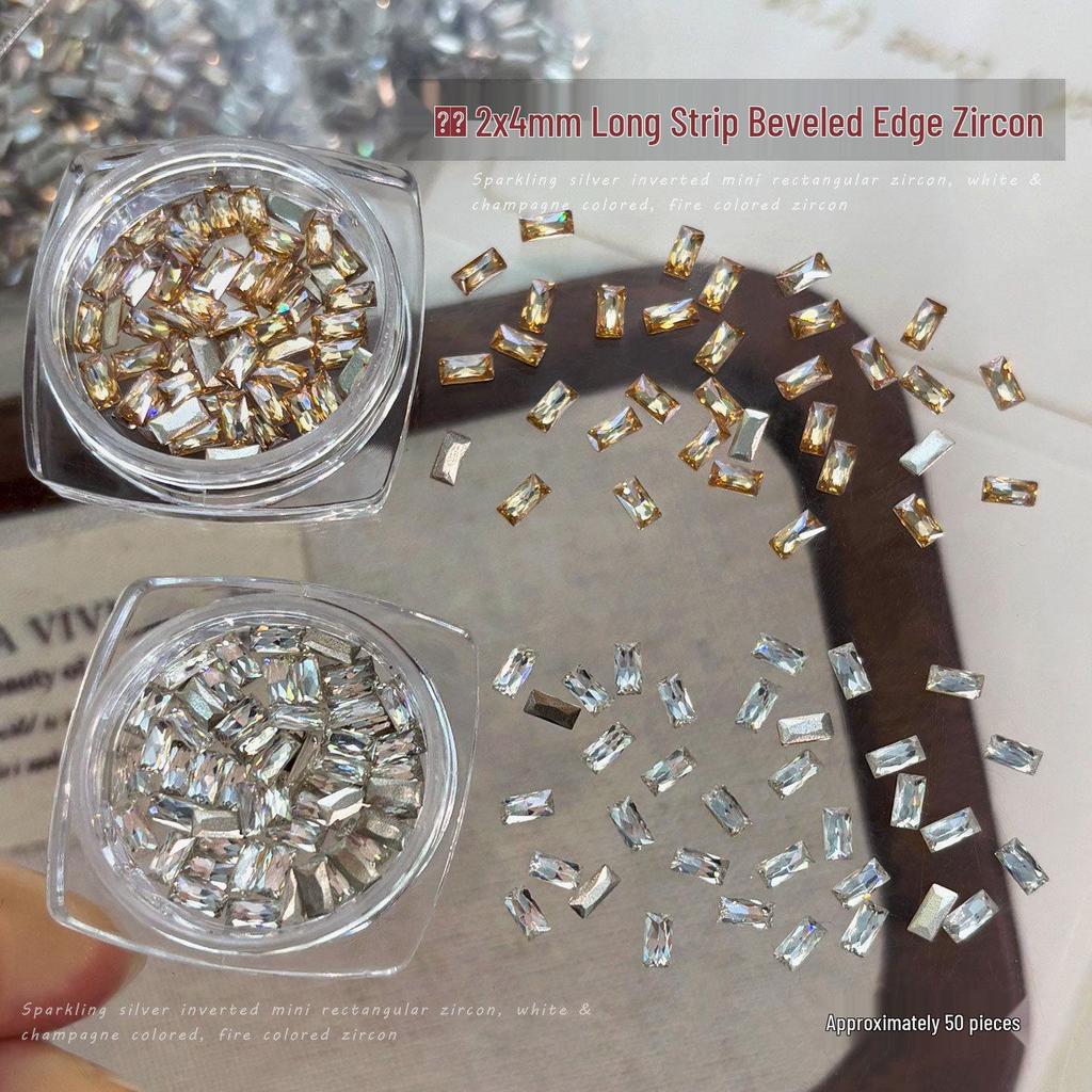 Mini 2x4 Zirconia Nail Art Rhinestone Decorations - Translucent White & Champagne Flat Back Mosaic DIY Accessories.