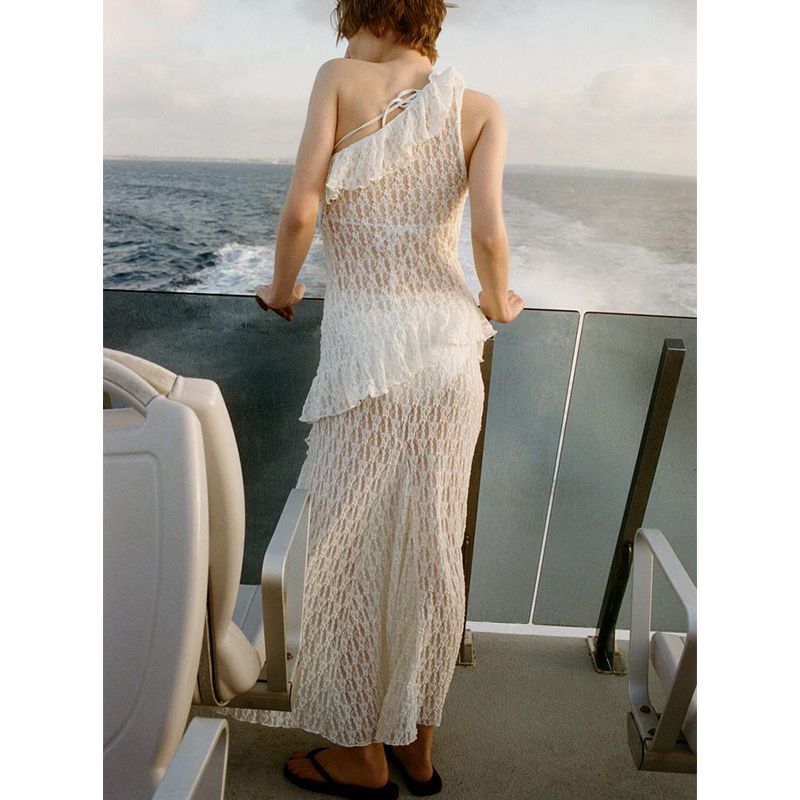 Lace Asymmetric Design Tops 5584365 Lace Translucent High Waist Simple Dress 5584366