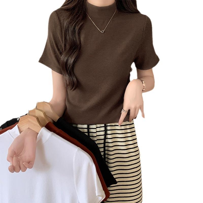Dámské tričko s krátkým rukávem a polovičním rolákem 2024 Podzim a Zima Dámské oblečení Slim Fit Vnitřní a Zeštíhlující Rameno Trendy Vnější