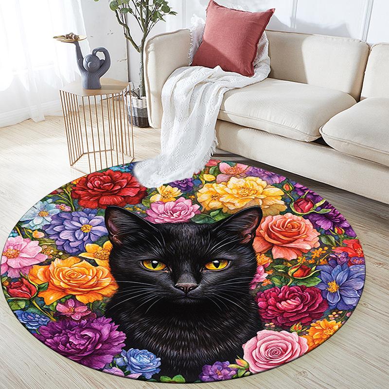 Black Cat Floral Round Area Rug,Carpet Rug for Living Room Bedroom Sofa Playroom Decor,Non-slip Floor Mat
