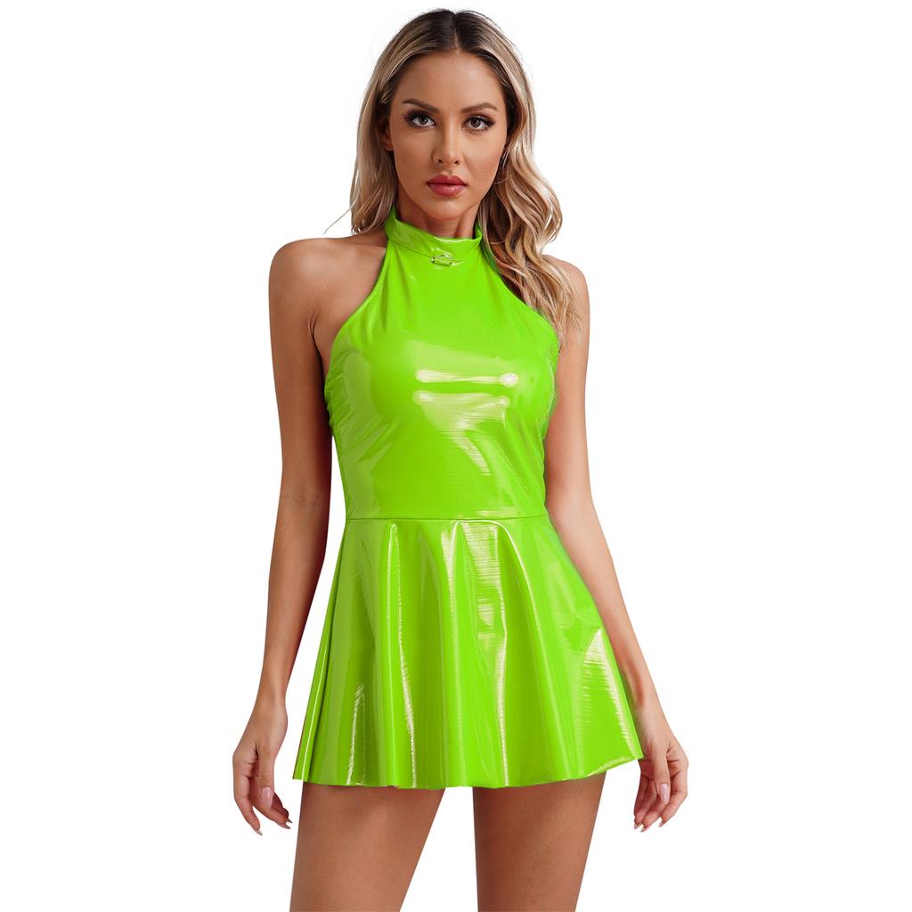 Womens Glossy Patent Leather Dress Clubwear Halter Sleeveless Mini Dress Sexy Dancewear