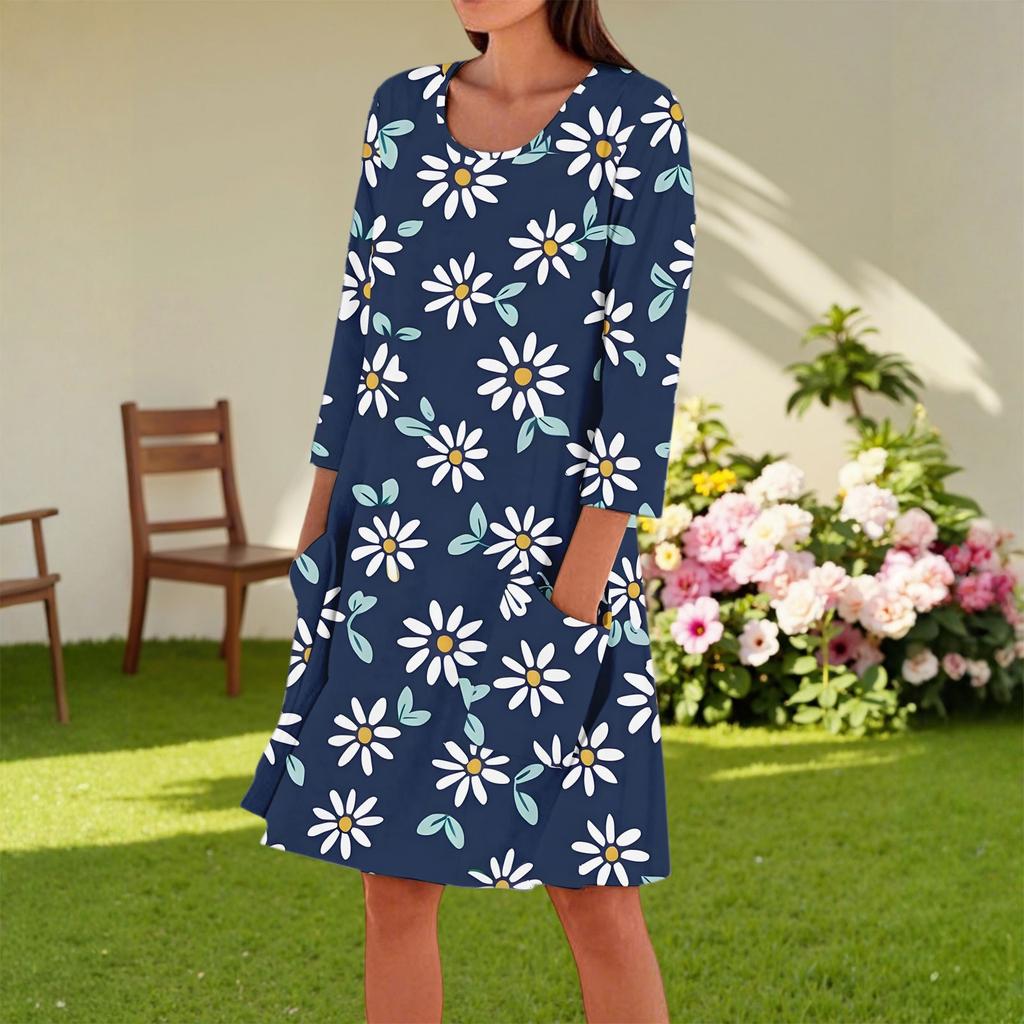 Women's Fashion Casual Round Neck Three-quarter Sleeve Dress