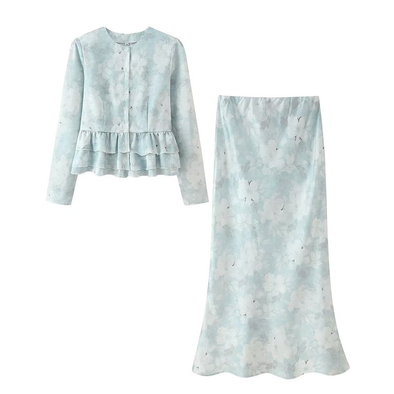 

Kaslead Новая женская одежда Западный стиль С оборками Облегающий талию Топ с длинным рукавом Эластичная талия Юбка Комплект Suit L