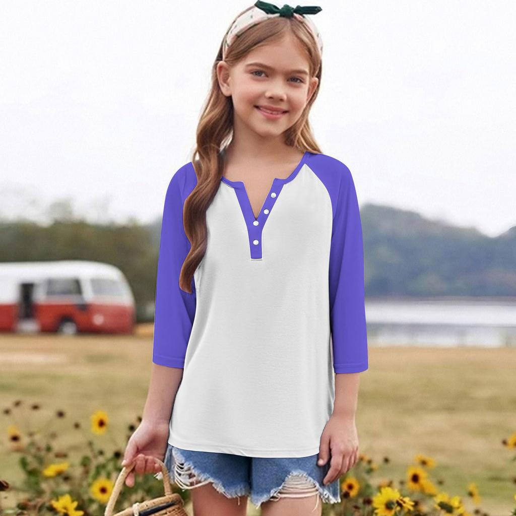 Print Tops For Youth Girls Round Neck 3/4 Sleeves T-Shirts Trendy Tops Outfit Tees