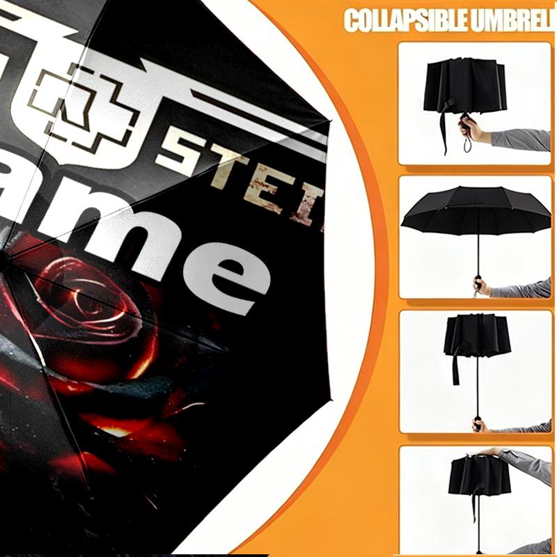 Custom Name Personalized Rammstein Print Umbrella, Auto Open Close, 8‑Rib Sturdy Frame, Commute Camping Hiking Use, Birthday Gift