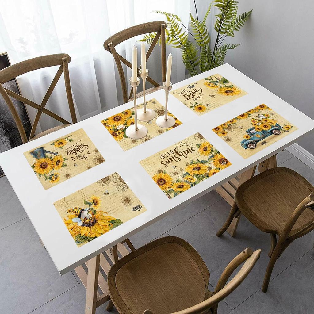pinata Sunflower Linen Square Spring Placemats Set of 6, Sunflower Kitchen Decor, Vintage Spring Summer Sunshine Gnome Truck Table Mats for Farmhouse