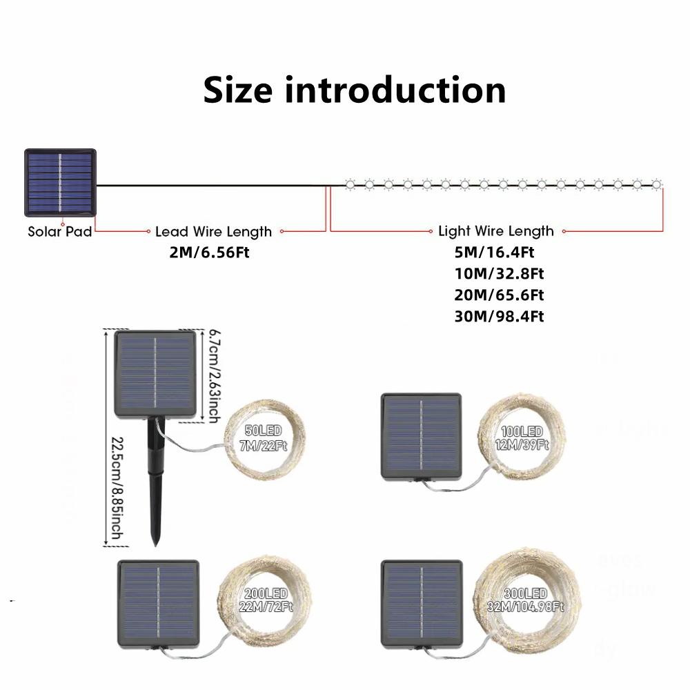 1Pack, 5M/10M/20M/30M LED Solar Outdoor Fairy String Lights With 8 Modes For Wedding, Party, Balcony, Patio, Eave, Tree, Garden, Christmas Decoration