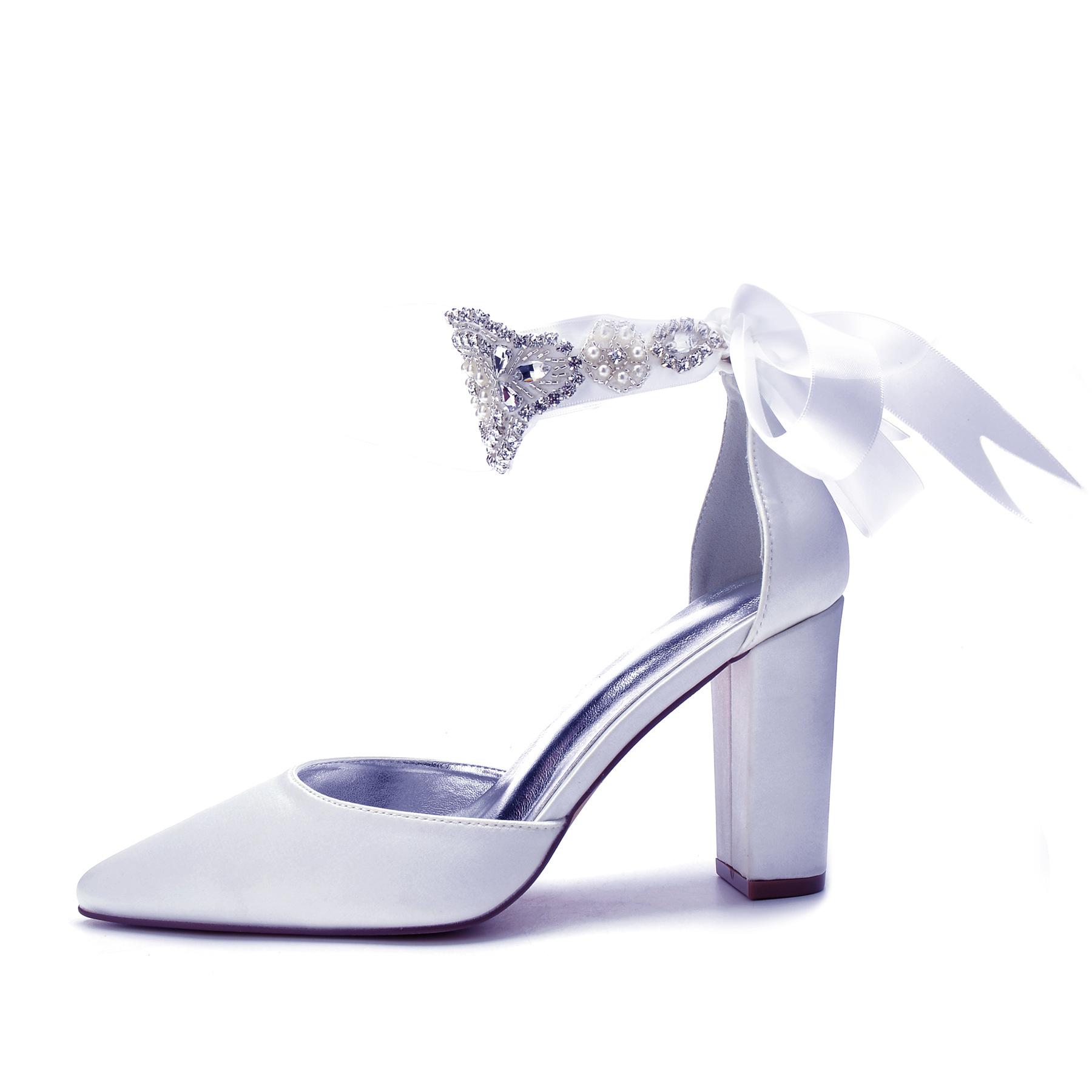 

Large Size Pointed Purple Rhinestone Ribbon High Heels Satin Satin Coarse Heel Pearl Rhinestone Women s Shoes 35 білий