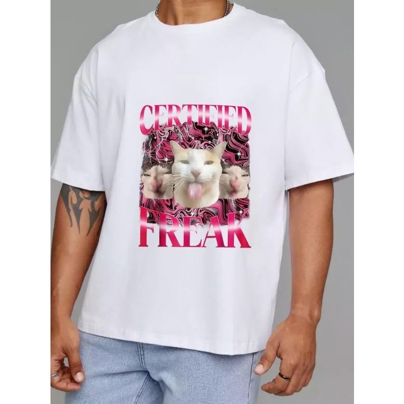 White T Shirt Certified Freak Cat Graphic Print Casual Wear for Men and Women Streetwear Fashion Statement Top