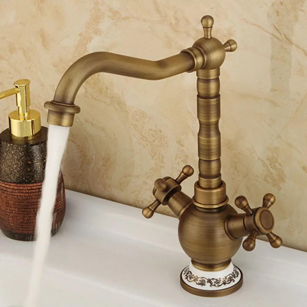 Bathroom Basin faucet Double Handle Cold and Hot Water Taps Single Hole Brass Mixer Faucet Torneira Banheiro Vintage