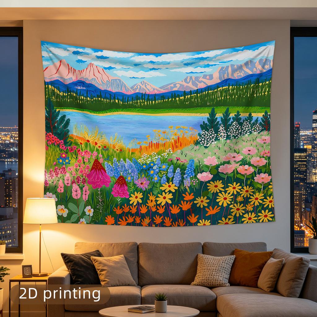 Watercolor Style Vibrant Floral Landscape Tapestry Wall Hanging Bohemian Home Decor Living Room Bedroom Art Print