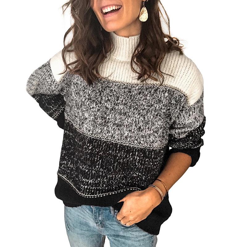 2026 Neuer Damen Colorblock Pullover, Gestreiftes High-Neck Strickoberteil, Langärmeliger Lässiger Pullover für Herbst Winter