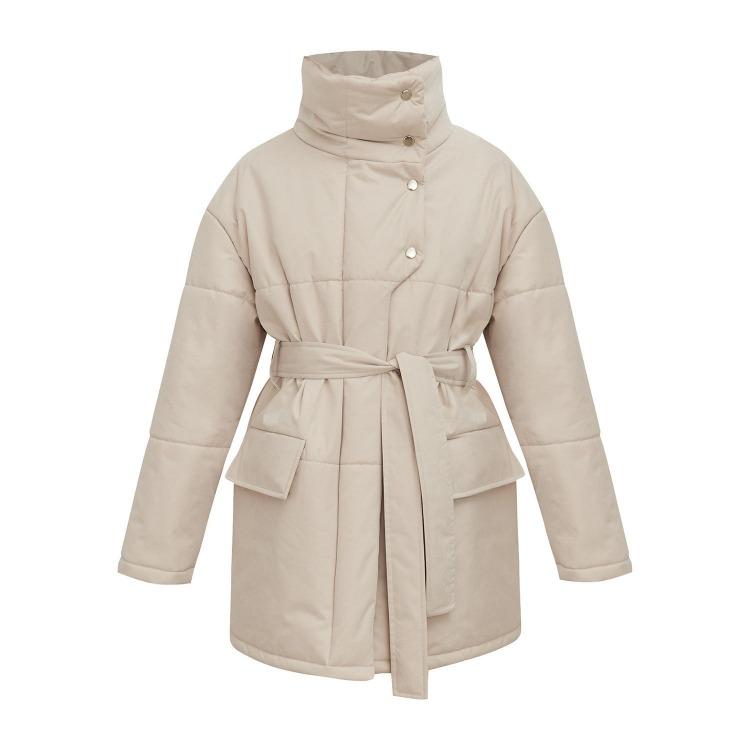 Autumn Winter Women Stand Collar Cotton Coat Medium Long Belted Jacket with Irregular Button Design Temperament